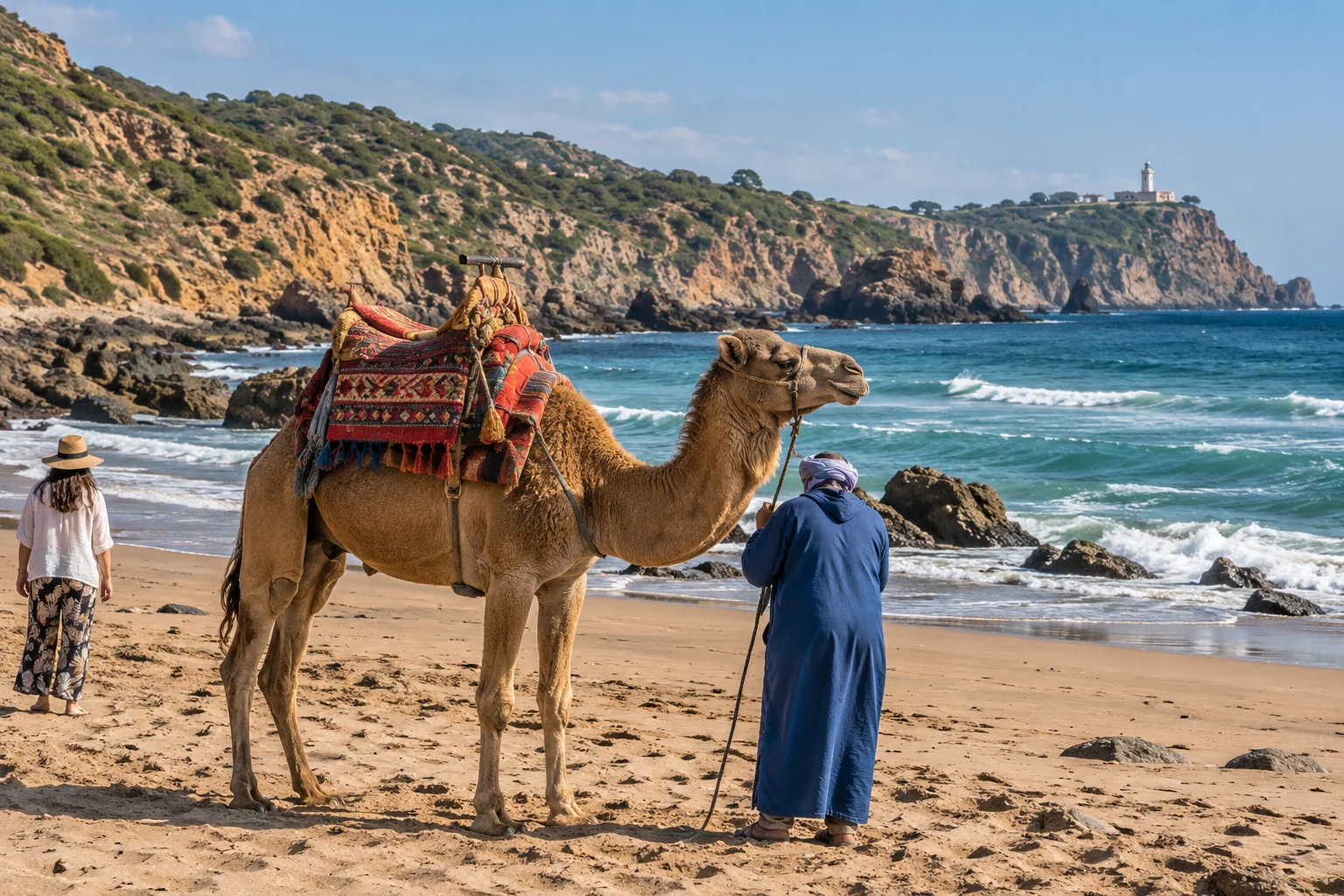 Saddled camel ready for a ride on Achakar Beach near Tangier and Cap Spartel. camel ride tangier