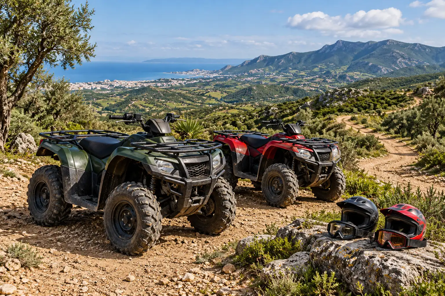 Quad accanto a un sentiero rurale ai piedi del Rif vicino a Tangeri. giro in quad tangeri