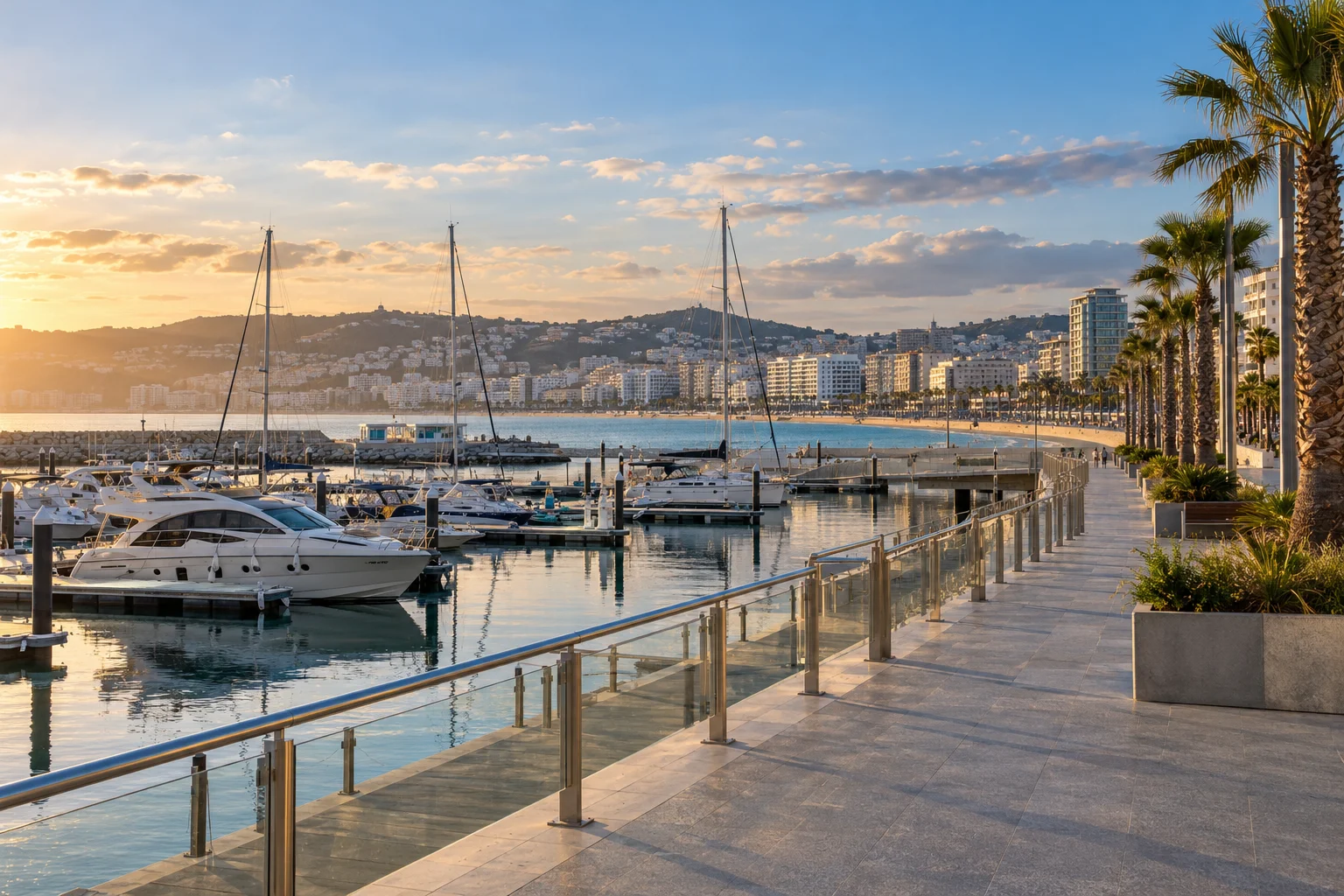 Waterfront promenade and moored boats at Tanja Marina Bay in Tangier marina bay tangier