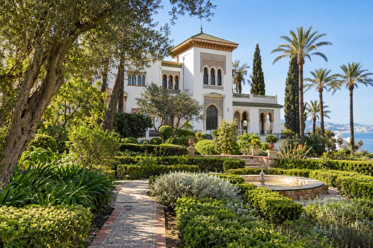 Landscaped gardens and historic Villa Harris building in Tangier's Malabata district. tangier park